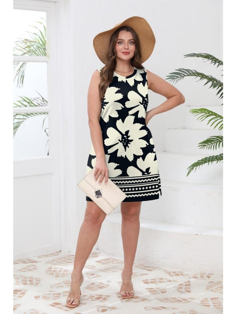 Women's Black White Flower Summer Casual Dress Crewneck Sleeveless Tank Dress - Picture 3 of 5